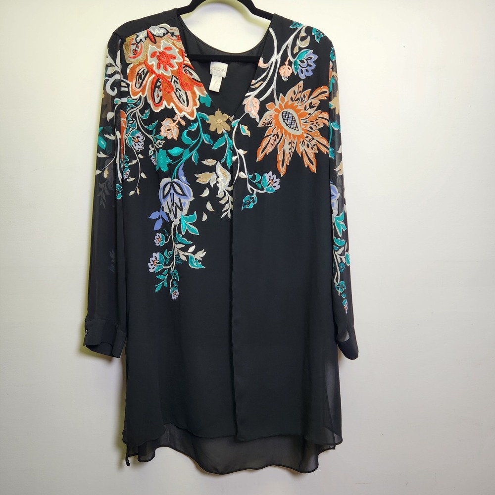 Chicos Bohemian Bouquet Tunic Top XL Embroidered V-Neck Hi-Lo Open Front Sheer